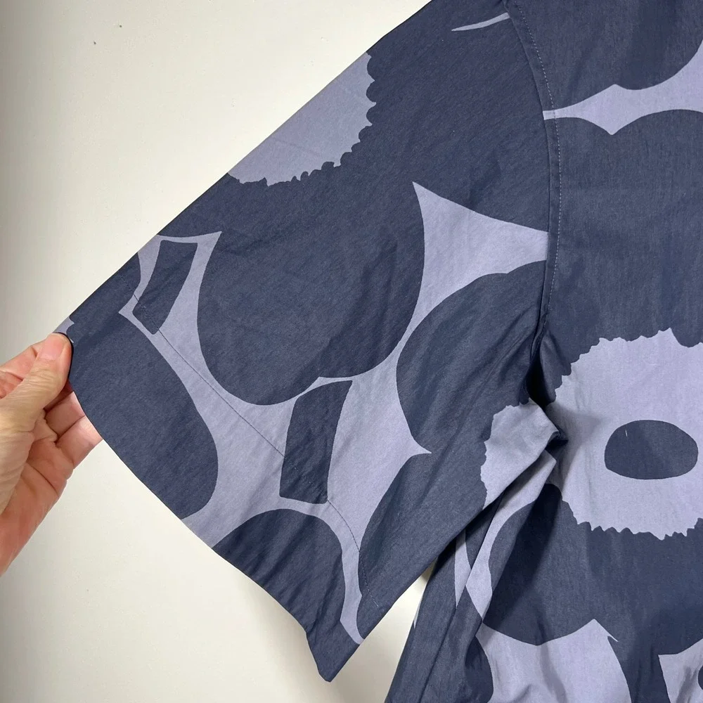 Marimekko Kiertorata Unikko Navy Blue Floral Boxy Button Down Top Size 38